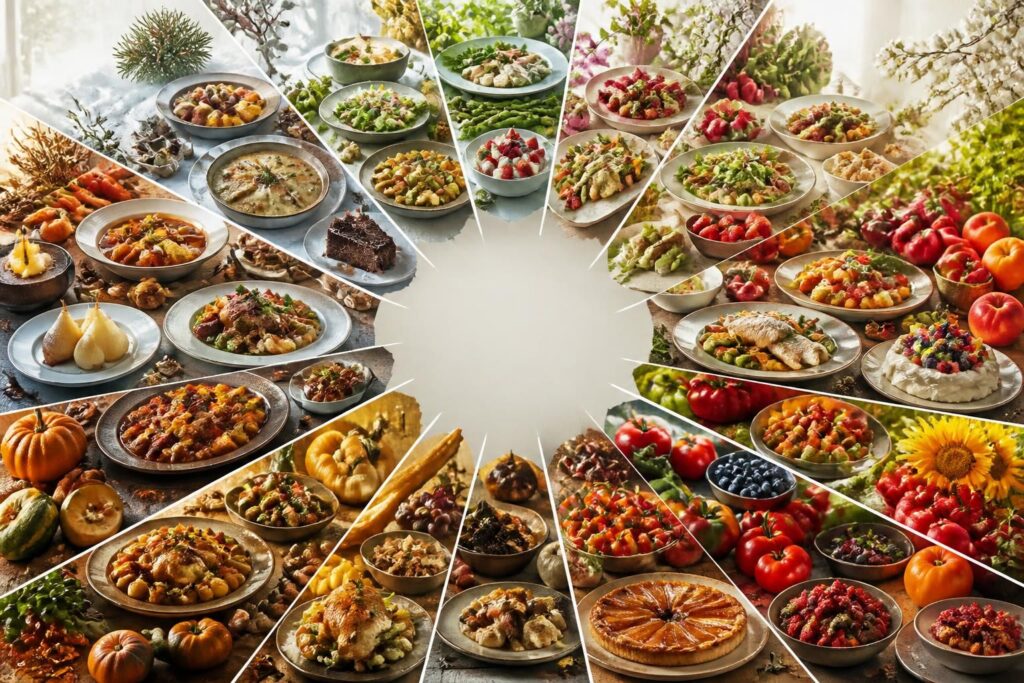 découvrez comment composer un menu de saison complet avec entrée, plat et dessert, adapté aux saveurs de chaque mois pour des repas frais et équilibrés toute l'année.